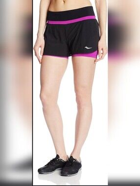 Saucony Black 2-in-1 Running Shorts Athletic Workout Gym Sport Performance